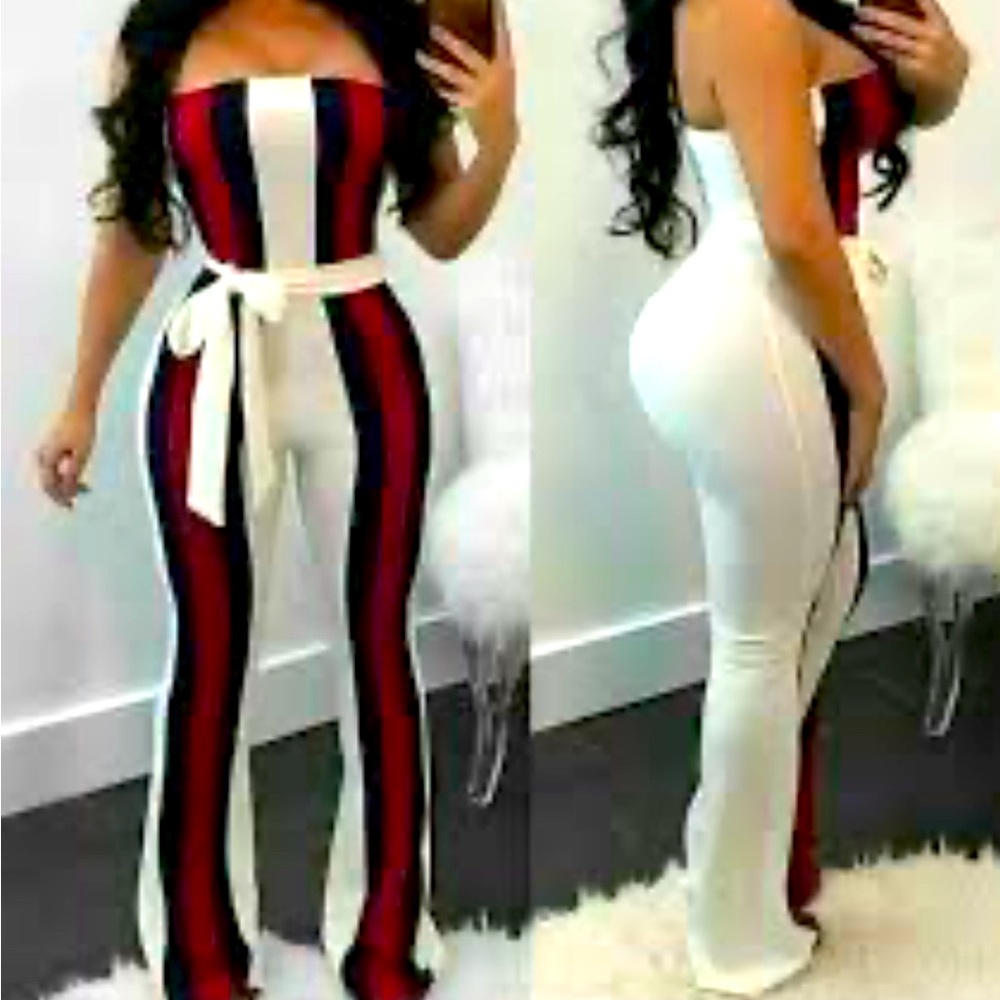 Form fitting strapless jumpsuit women’s large red, white, and blue. Very sexy